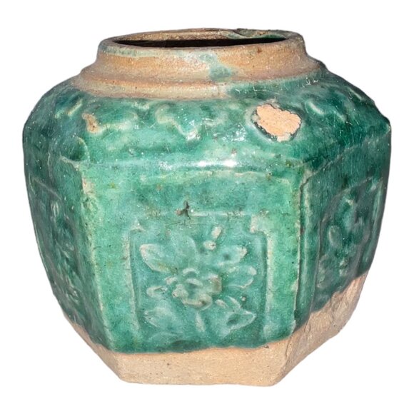 Vintage Green Hexagonal Floral Ceramic Vase - Picture 4 of 6